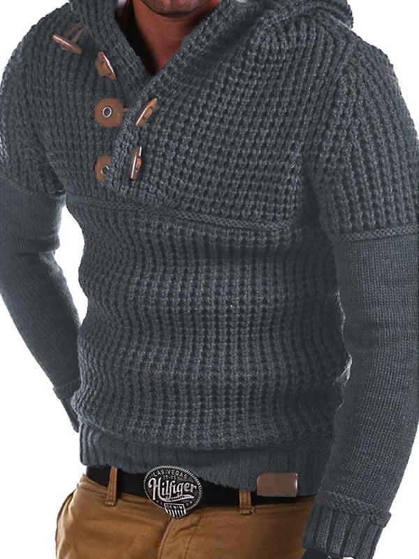 Men's Solid Color Lapel Collar Diagonal Button Horn Button Pullover Sweater