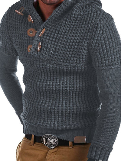 Men's Solid Color Lapel Collar Diagonal Button Horn Button Pullover Sweater