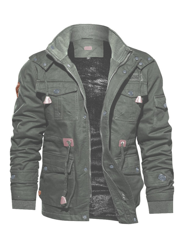 Men's Mid-Length Loose Stand Collar Hooded Cotton Top Youth-Men's Jacket