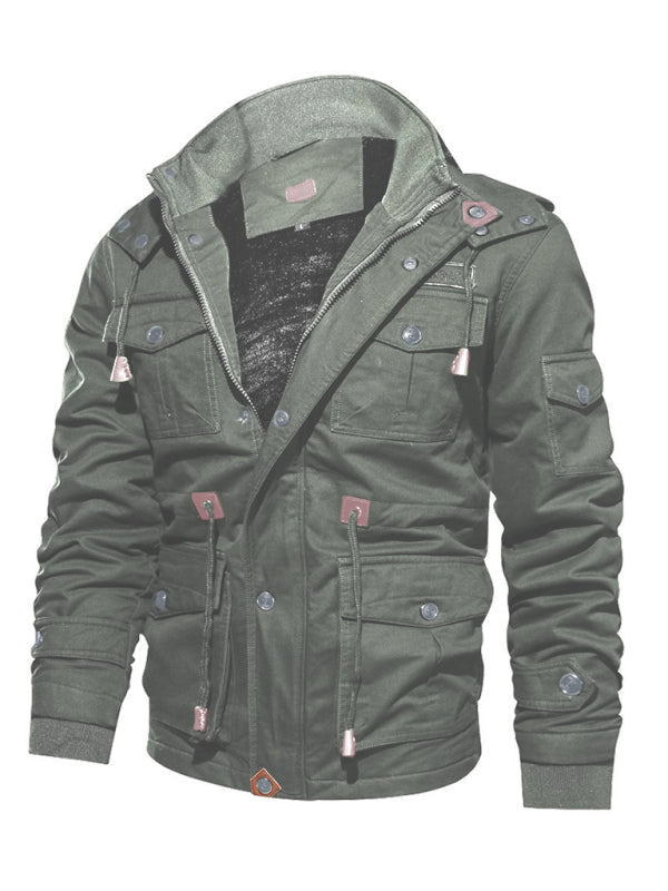 Men's Mid-Length Loose Stand Collar Hooded Cotton Top Youth-Men's Jacket
