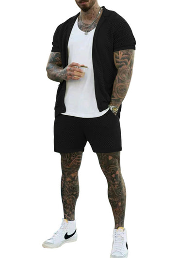 Short-sleeved shorts Knit lapel cardigan Short-sleeved Set