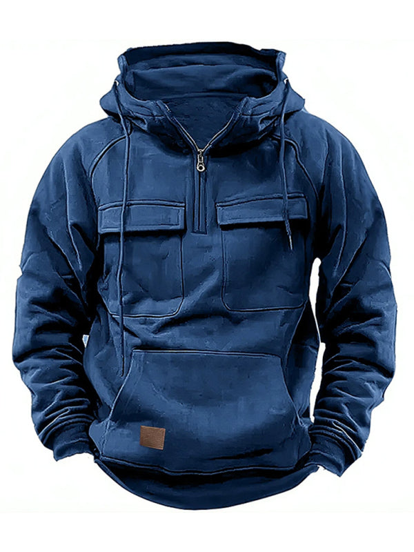 Men's hooded multi-pocket leather Hoodie