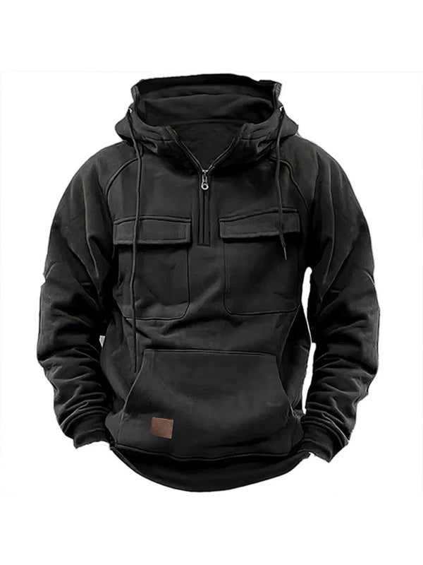 Men's hooded multi-pocket leather Hoodie