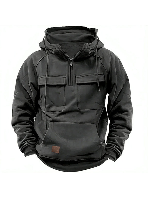 Men's hooded multi-pocket leather Hoodie