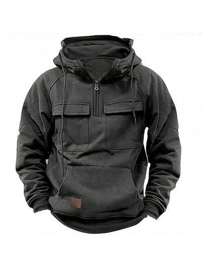 Men's hooded multi-pocket leather Hoodie