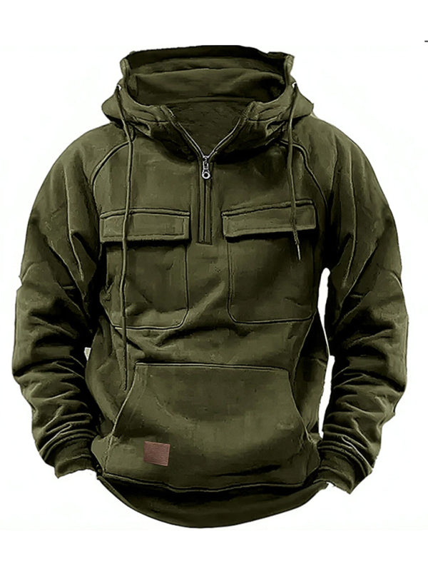Men's hooded multi-pocket leather Hoodie