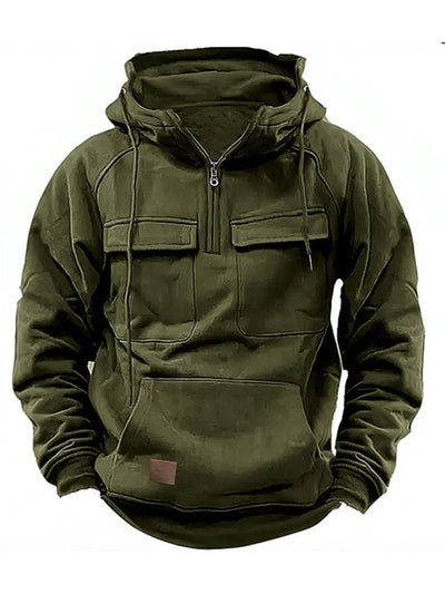Men's hooded multi-pocket leather Hoodie