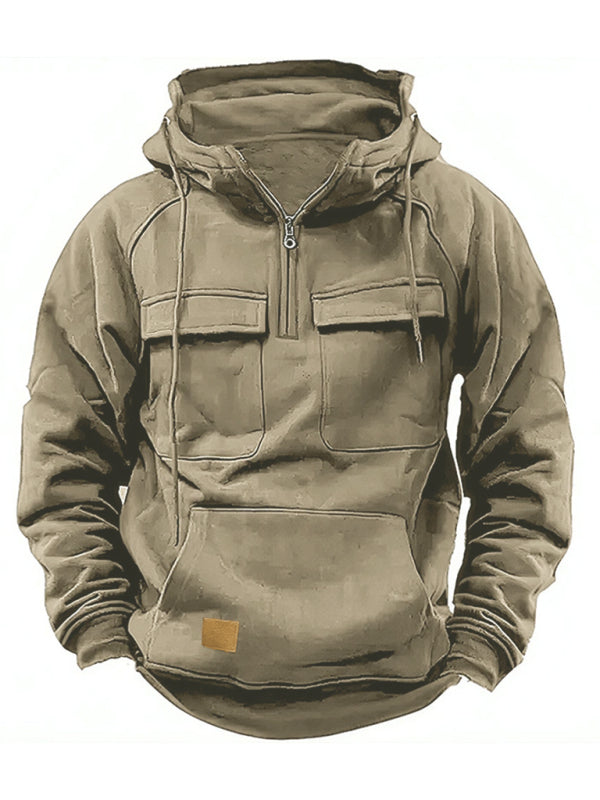 Men's hooded multi-pocket leather Hoodie