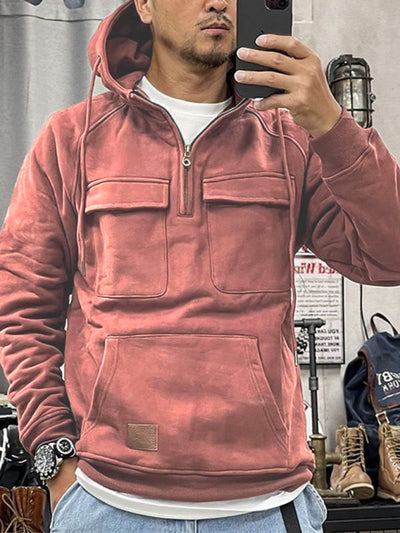 Men's hooded multi-pocket leather Hoodie