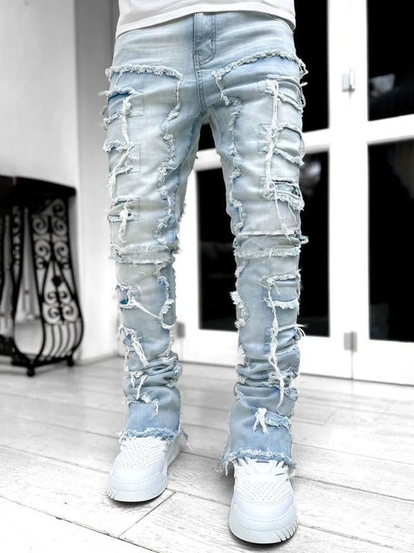 Men's new stretch patch denim straight Jeans