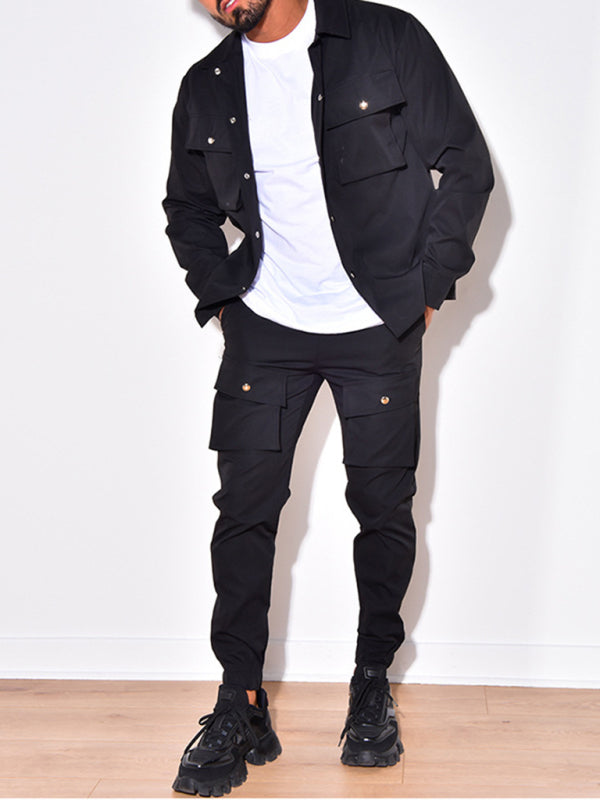 Men's casual solid color lapel long-sleeved Set
