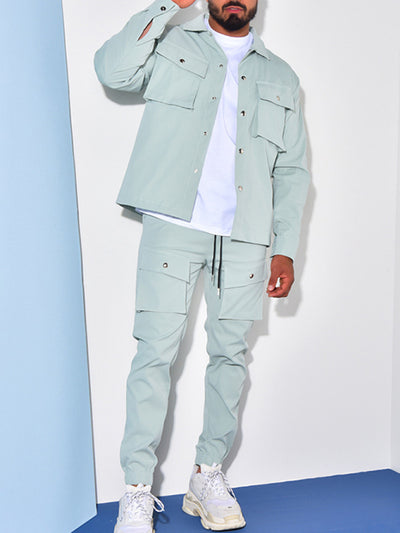 Men's casual solid color lapel long-sleeved Set