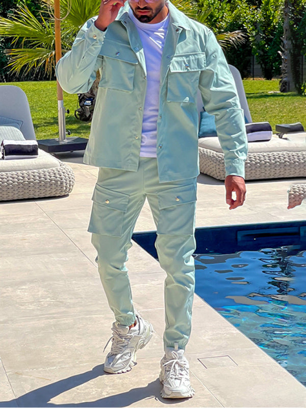Men's casual solid color lapel long-sleeved Set