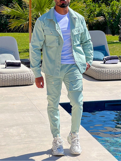 Men's casual solid color lapel long-sleeved Set