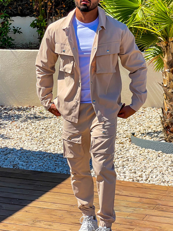 Men's casual solid color lapel long-sleeved Set