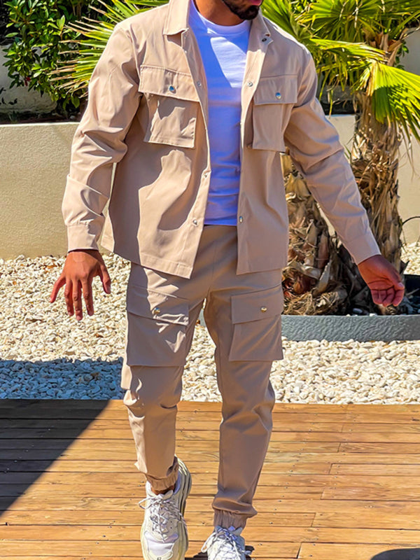 Men's casual solid color lapel long-sleeved Set