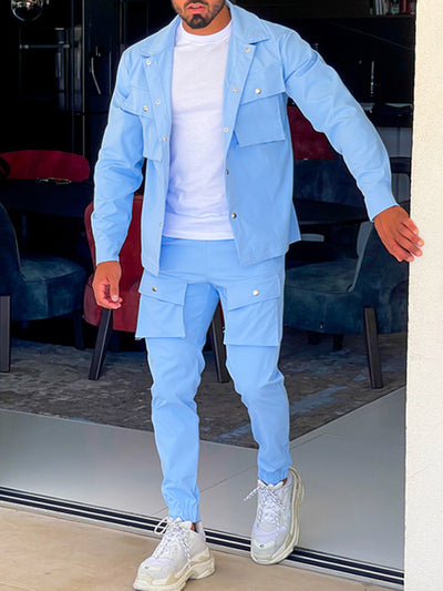 Men's casual solid color lapel long-sleeved Set