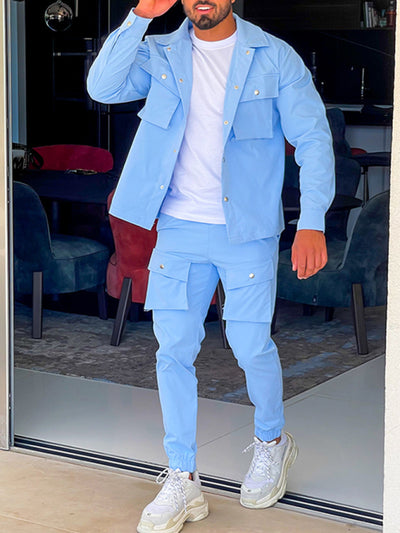 Men's casual solid color lapel long-sleeved Set