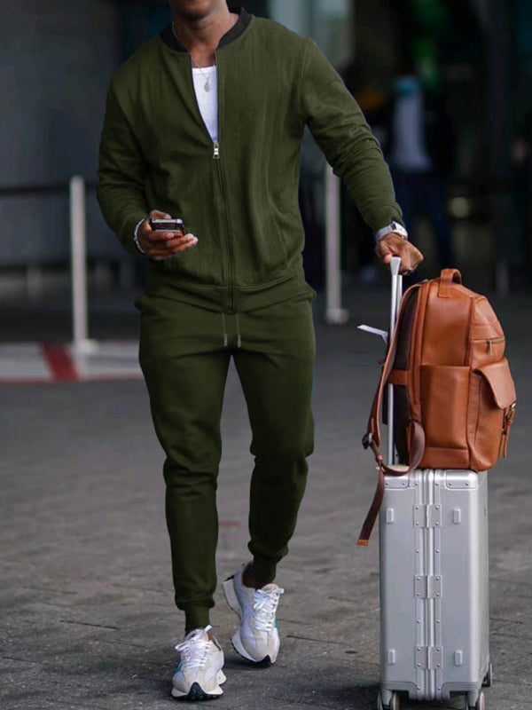 Men's casual solid color baseball collar jacket suit