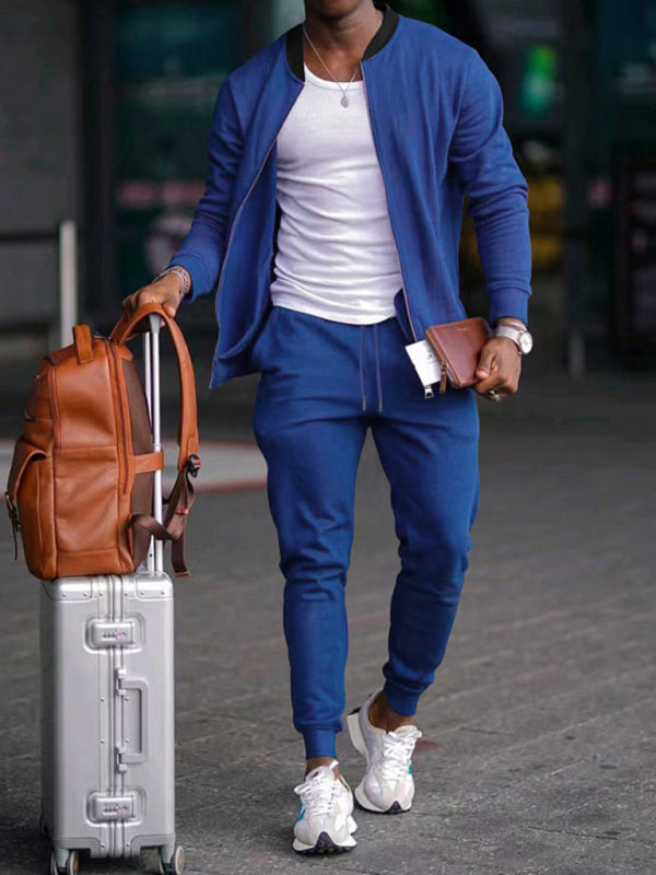 Men's casual solid color baseball collar jacket suit