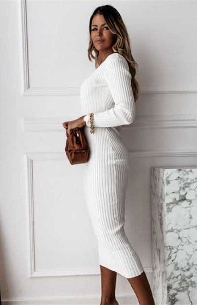 Solid Long Sleeve Sweater Dress