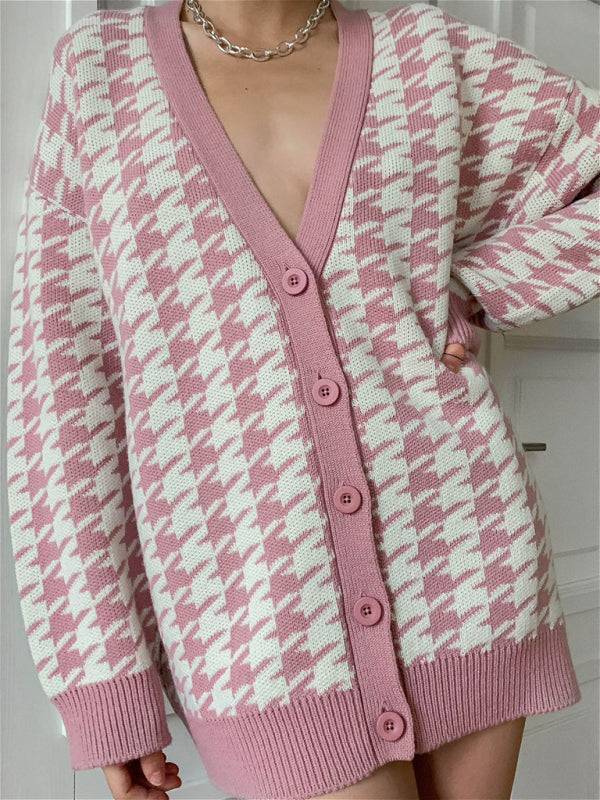 Women’s Knit Print Button Front Long Sleeve V Neck Cardigan