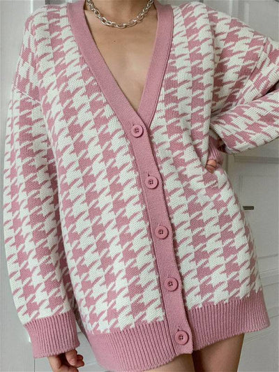 Women’s Knit Print Button Front Long Sleeve V Neck Cardigan