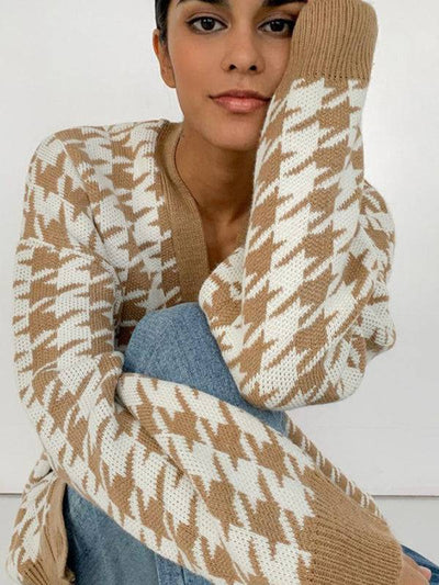 Women’s Knit Print Button Front Long Sleeve V Neck Cardigan