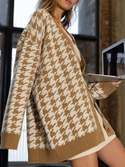 Women’s Knit Print Button Front Long Sleeve V Neck Cardigan
