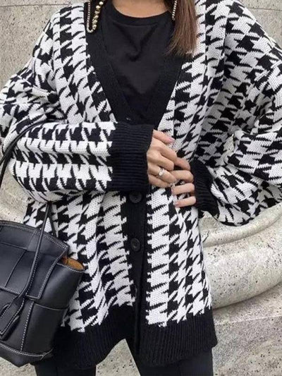 Women’s Knit Print Button Front Long Sleeve V Neck Cardigan