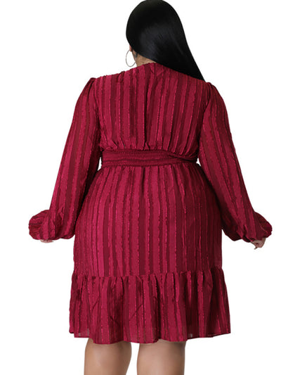 Plus size jacquard V-neck striped long-sleeved dress