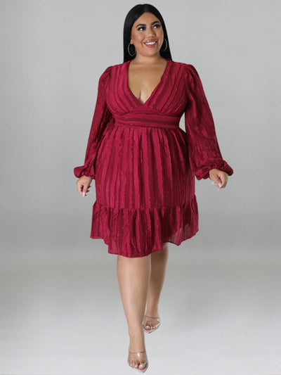 Plus size jacquard V-neck striped long-sleeved dress