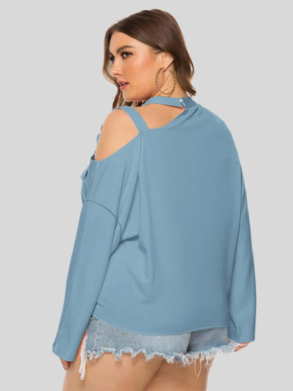 Shoulder Strap Hollow Bow Long Sleeve Slanted Shoulder T-Shirt