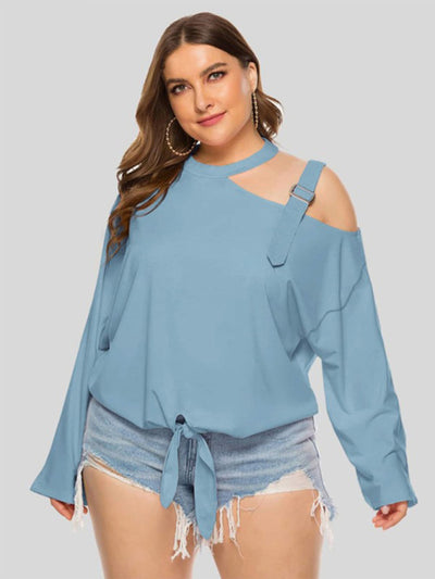 Shoulder Strap Hollow Bow Long Sleeve Slanted Shoulder T-Shirt