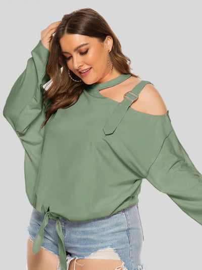 Shoulder Strap Hollow Bow Long Sleeve Slanted Shoulder T-Shirt