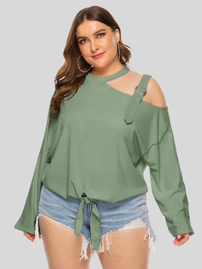Shoulder Strap Hollow Bow Long Sleeve Slanted Shoulder T-Shirt