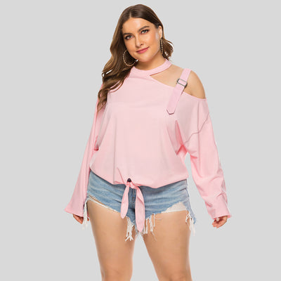 Shoulder Strap Hollow Bow Long Sleeve Slanted Shoulder T-Shirt