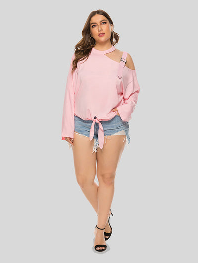 Shoulder Strap Hollow Bow Long Sleeve Slanted Shoulder T-Shirt