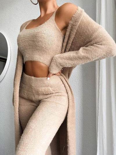 V-neck plush short vest three-piece Set