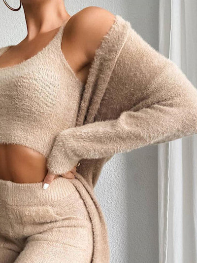 V-neck plush short vest three-piece Set