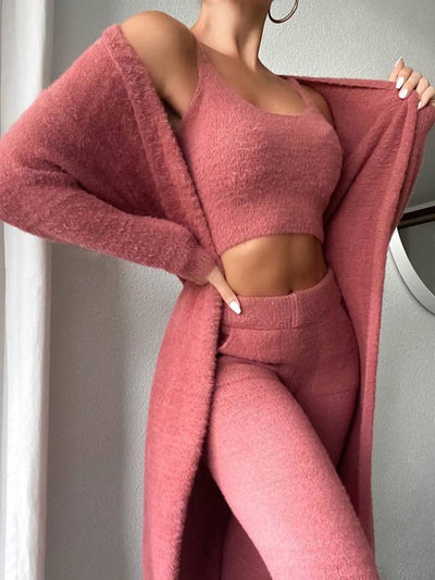 V-neck plush short vest three-piece Set