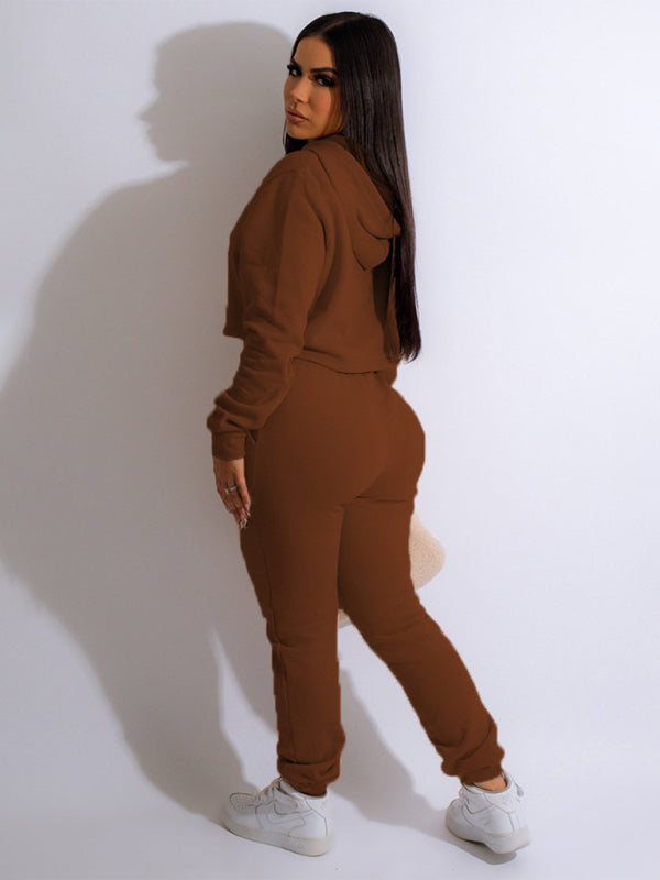 Women's solid color casual hooded sweatsuit sets