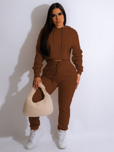 Women's solid color casual hooded sweatsuit sets
