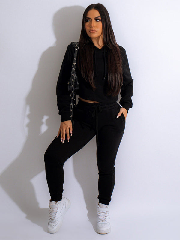 Women's solid color casual hooded sweatsuit sets