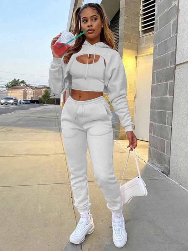 Women's Drawstring Solid Color Hoodie Long Sleeve Vest Three-Piece Set