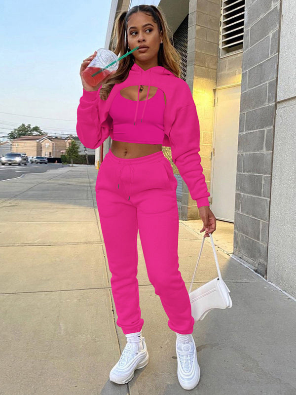 Women's Drawstring Solid Color Hoodie Long Sleeve Vest Three-Piece Set