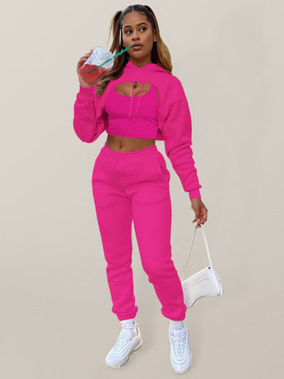 Women's Drawstring Solid Color Hoodie Long Sleeve Vest Three-Piece Set