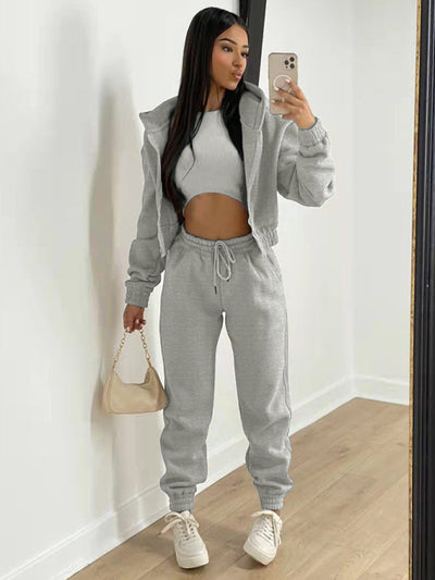 Women's Knitted Casual Sports Fleece Hooded Three-piece Suit
