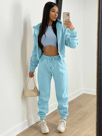 Women's Knitted Casual Sports Fleece Hooded Three-piece Suit