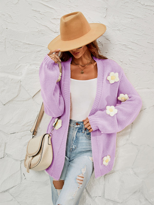 New long-sleeved floral cardigan lantern sleeves knitted sweater jacket